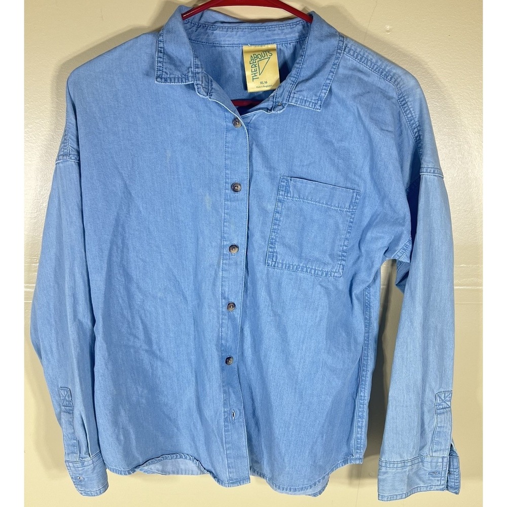 Thereabouts Girls XL 16 Chambray Button Front Shirt Light Blue Long Sleeve